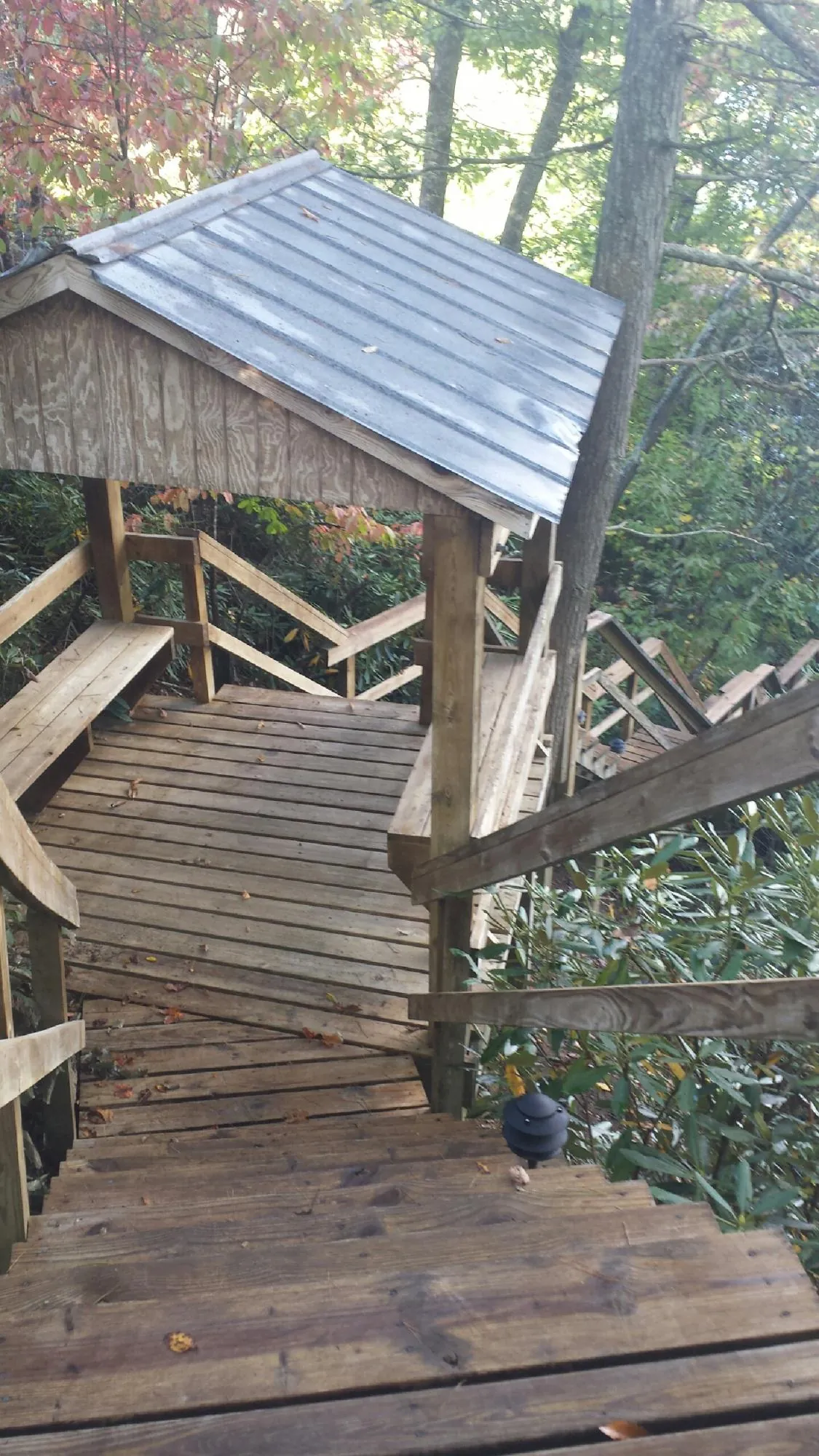 Metal roofed shelter over wooden steps on a wooded walkway — Skylight Repair & Installation work by our crew in Manns Choice